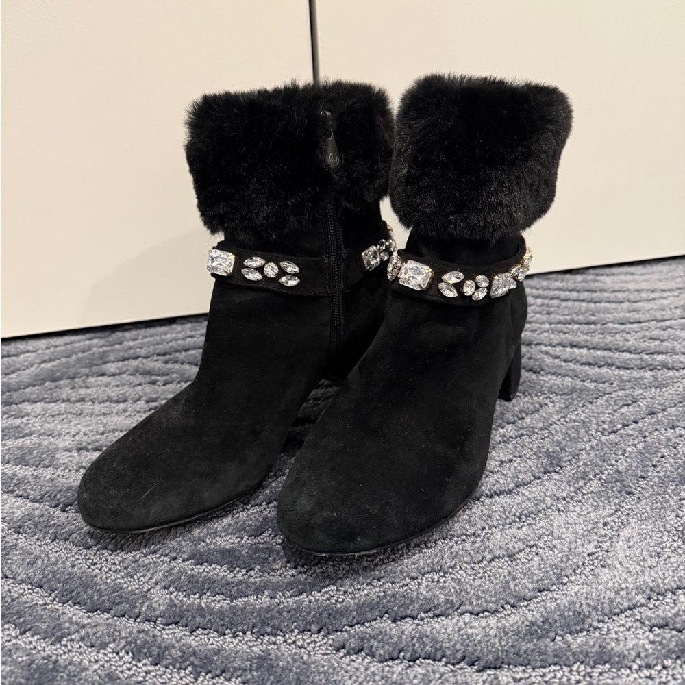 Adrienne Vittadini Black Faux Fur Ankle Booties with Crystal Embellished Strap